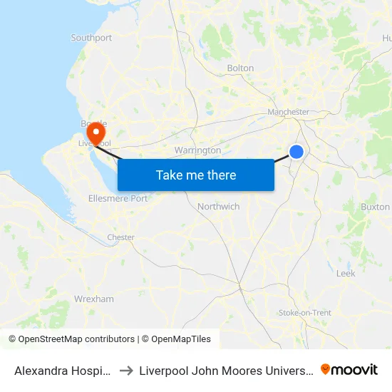 Alexandra Hospital to Liverpool John Moores University map