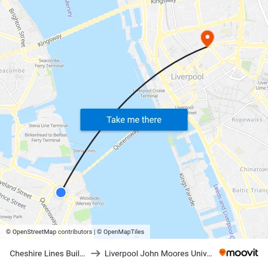 Cheshire Lines Building to Liverpool John Moores University map