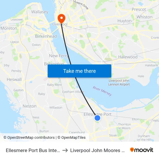 Ellesmere Port Bus Interchange to Liverpool John Moores University map
