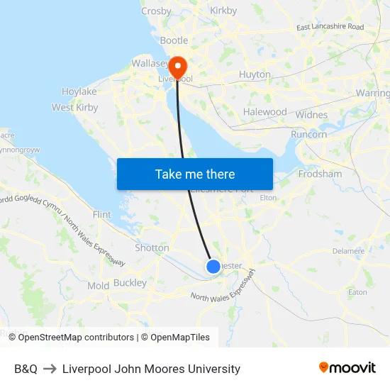 B&Q to Liverpool John Moores University map
