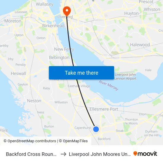Backford Cross Roundabout to Liverpool John Moores University map