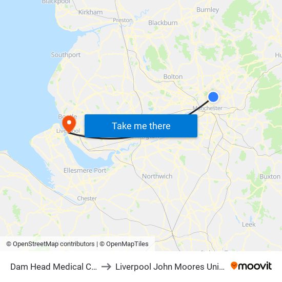 Dam Head Medical Centre to Liverpool John Moores University map