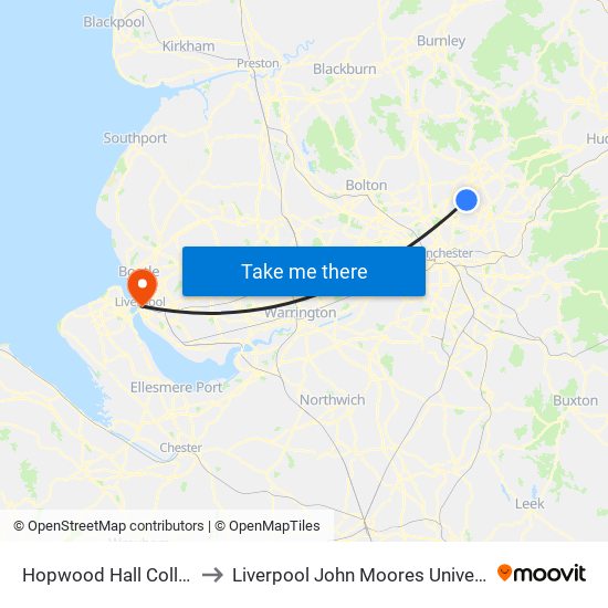 Hopwood Hall College to Liverpool John Moores University map