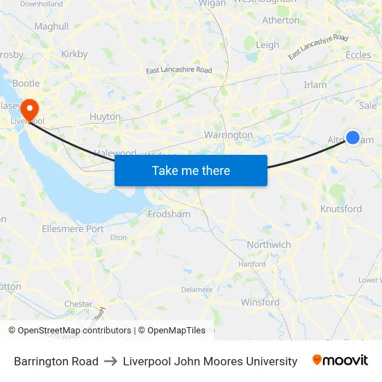 Barrington Road to Liverpool John Moores University map