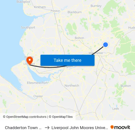 Chadderton Town Hall to Liverpool John Moores University map