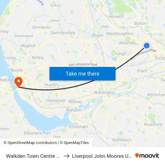 Walkden Town Centre to Liverpool John Moores University map
