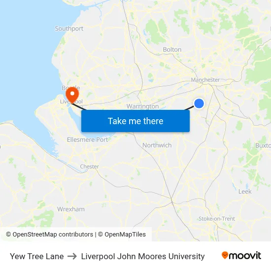 Yew Tree Lane to Liverpool John Moores University map