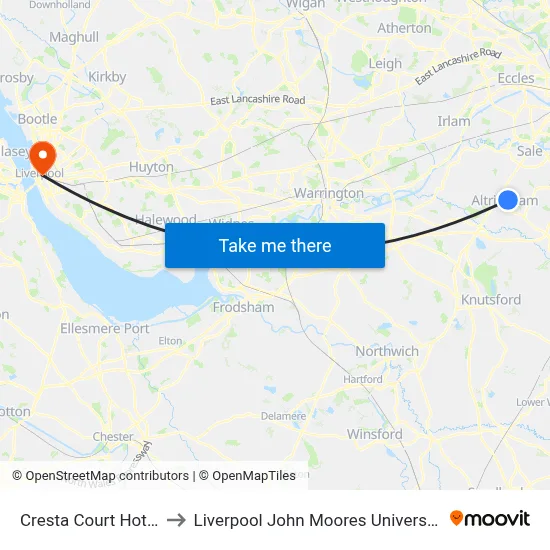 Cresta Court Hotel to Liverpool John Moores University map
