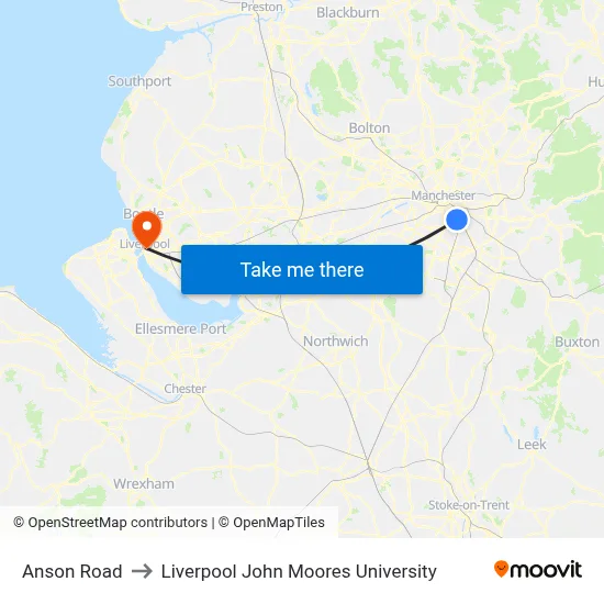 Anson Road to Liverpool John Moores University map