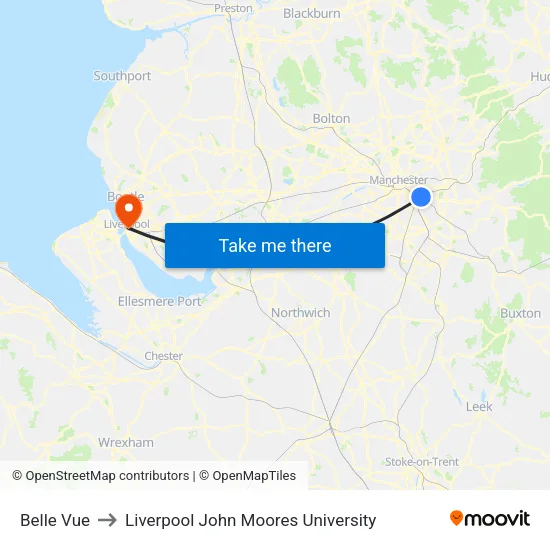 Belle Vue to Liverpool John Moores University map