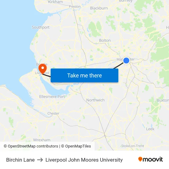 Birchin Lane to Liverpool John Moores University map