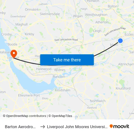 Barton Aerodrome to Liverpool John Moores University map