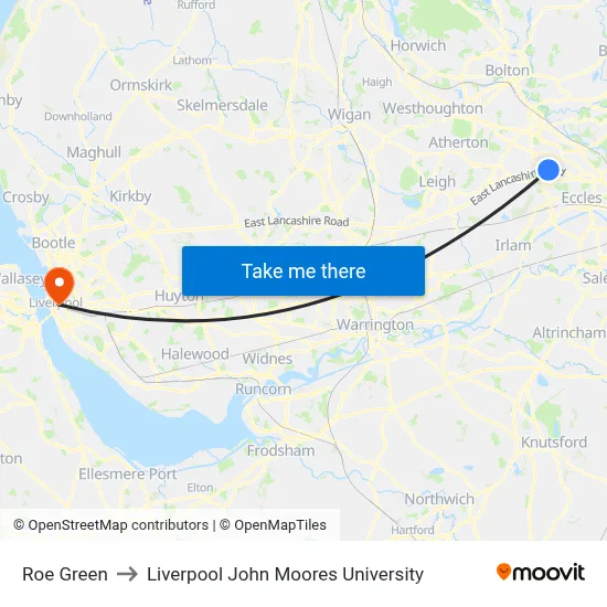 Roe Green to Liverpool John Moores University map