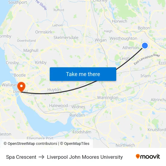 Spa Crescent to Liverpool John Moores University map