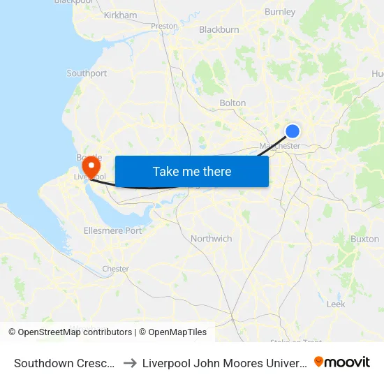 Southdown Crescent to Liverpool John Moores University map