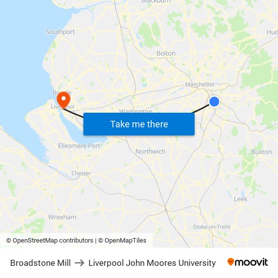 Broadstone Mill to Liverpool John Moores University map