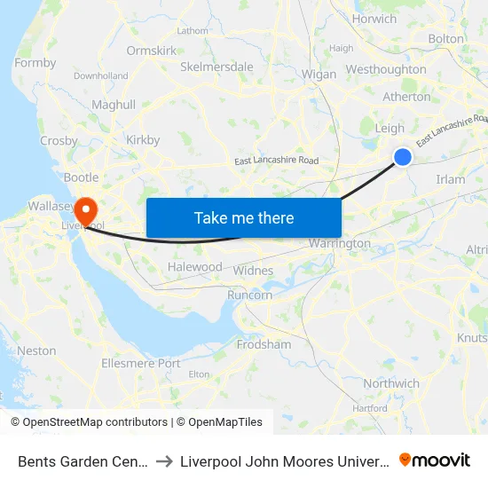 Bents Garden Centre to Liverpool John Moores University map