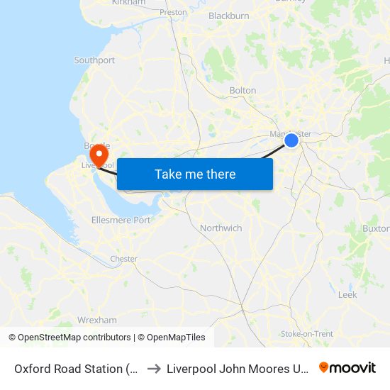 Oxford Road Station (Stop A) to Liverpool John Moores University map