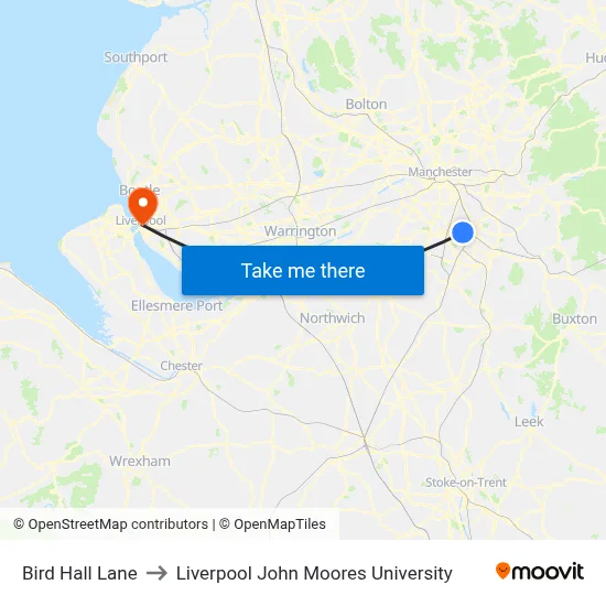 Bird Hall Lane to Liverpool John Moores University map