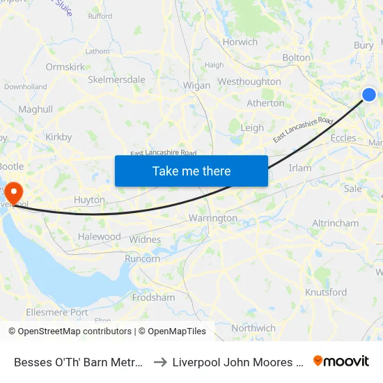 Besses O'Th' Barn Metrolink Stop to Liverpool John Moores University map