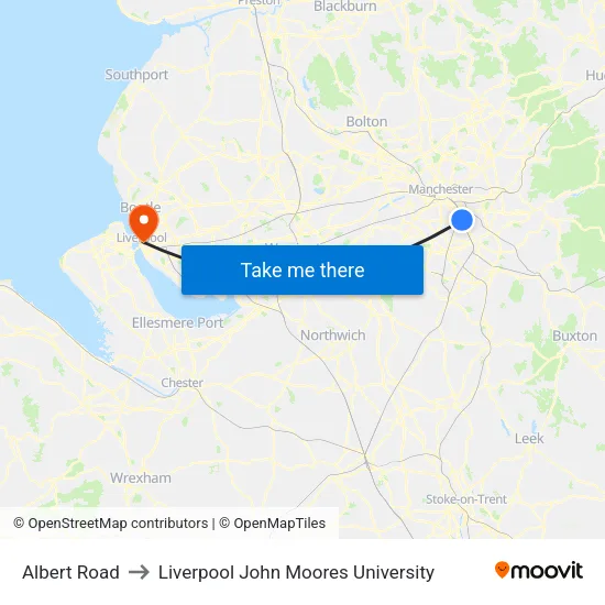 Albert Road to Liverpool John Moores University map