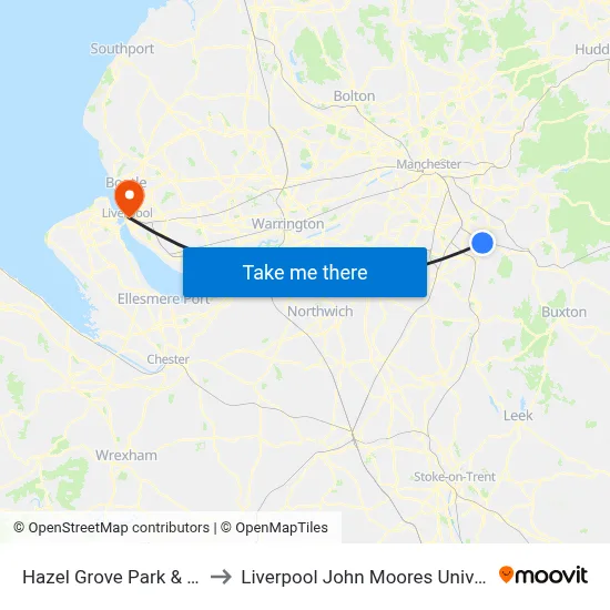 Hazel Grove Park & Ride to Liverpool John Moores University map