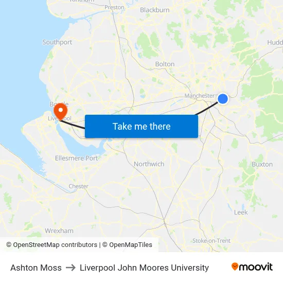 Ashton Moss to Liverpool John Moores University map