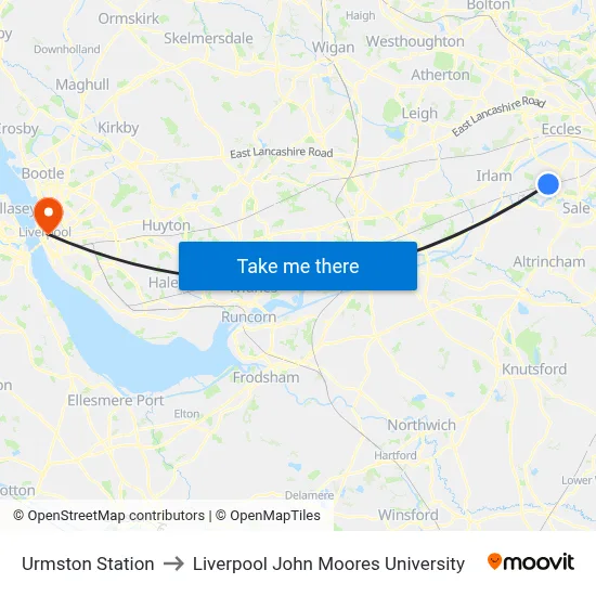 Urmston Station to Liverpool John Moores University map