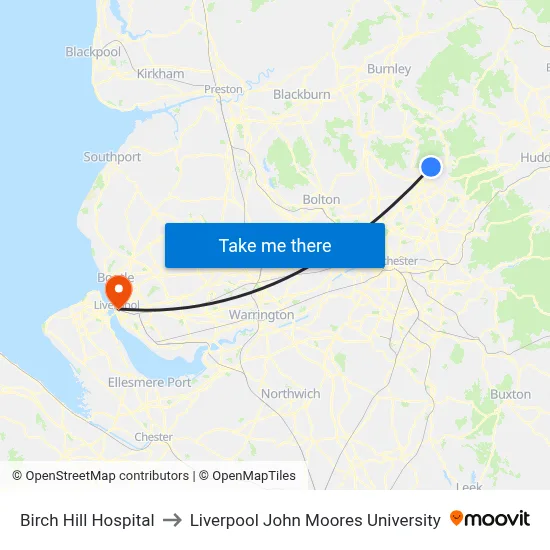 Birch Hill Hospital to Liverpool John Moores University map