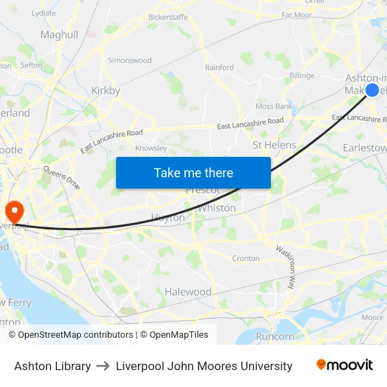 Ashton Library to Liverpool John Moores University map