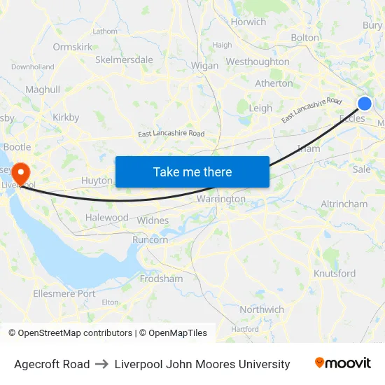 Agecroft Road to Liverpool John Moores University map