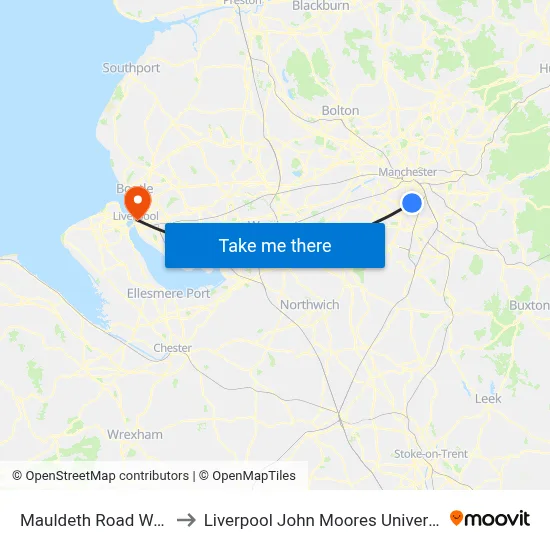 Mauldeth Road West to Liverpool John Moores University map