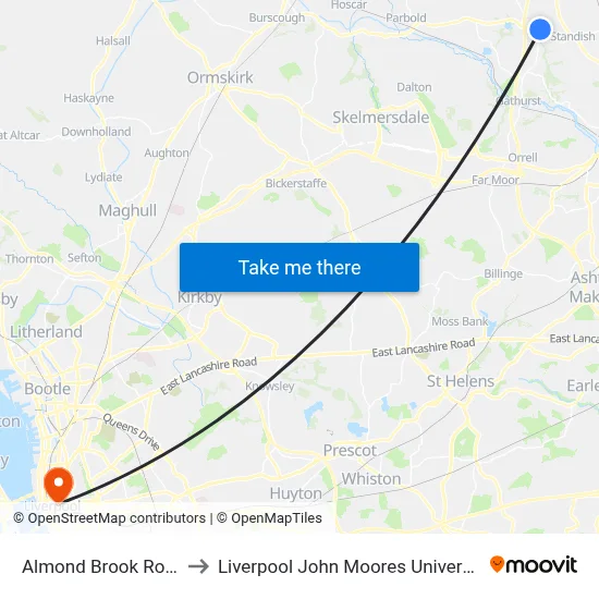 Almond Brook Road to Liverpool John Moores University map