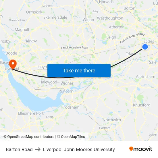 Barton Road to Liverpool John Moores University map