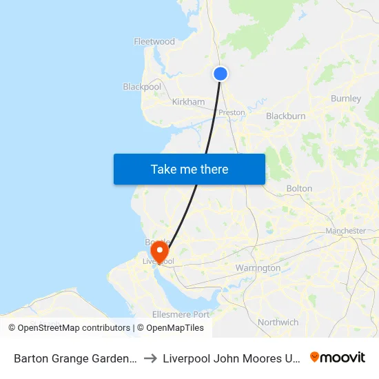 Barton Grange Garden Centre to Liverpool John Moores University map