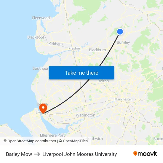Barley Mow to Liverpool John Moores University map