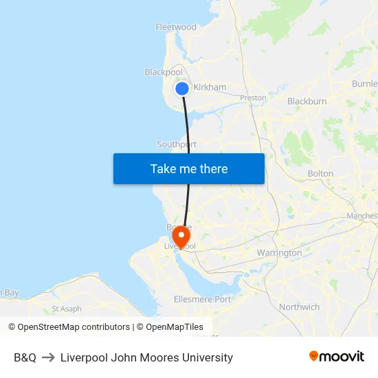 B&Q to Liverpool John Moores University map