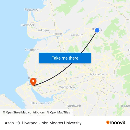 Asda to Liverpool John Moores University map