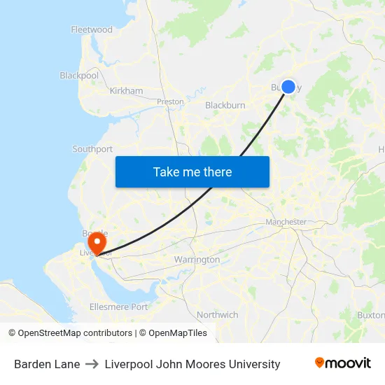 Barden Lane to Liverpool John Moores University map
