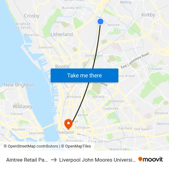 Aintree Retail Park to Liverpool John Moores University map