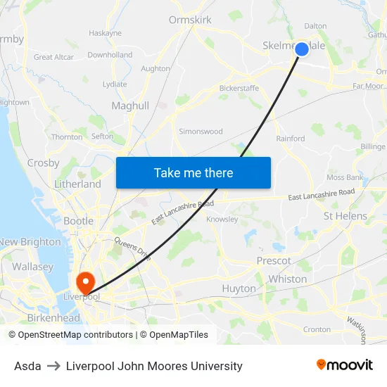 Asda to Liverpool John Moores University map