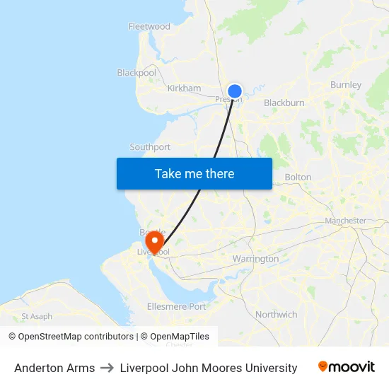Anderton Arms to Liverpool John Moores University map