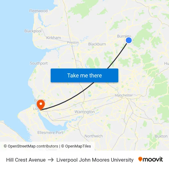 Hill Crest Avenue to Liverpool John Moores University map