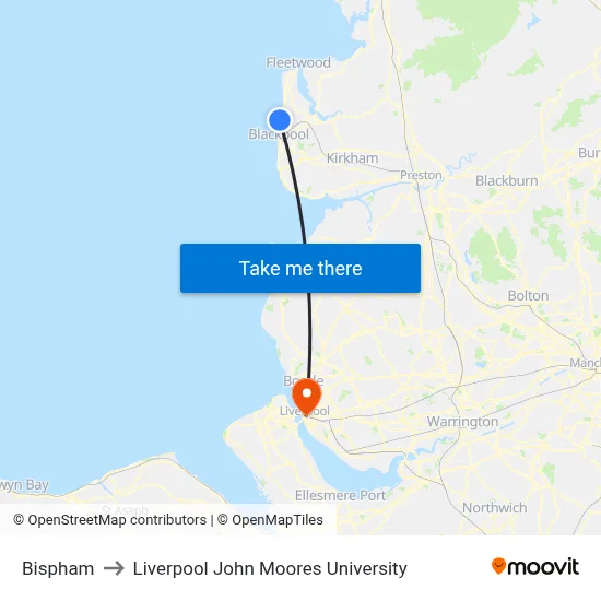 Bispham to Liverpool John Moores University map