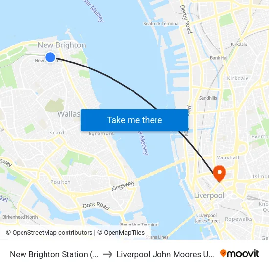 New Brighton Station to Liverpool John Moores University map