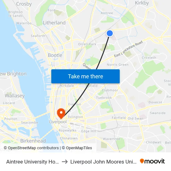 Aintree University Hospital to Liverpool John Moores University map