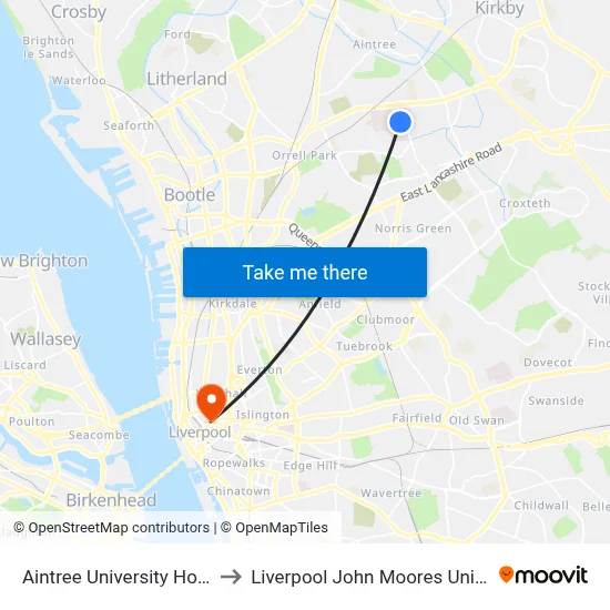 Aintree University Hospital to Liverpool John Moores University map