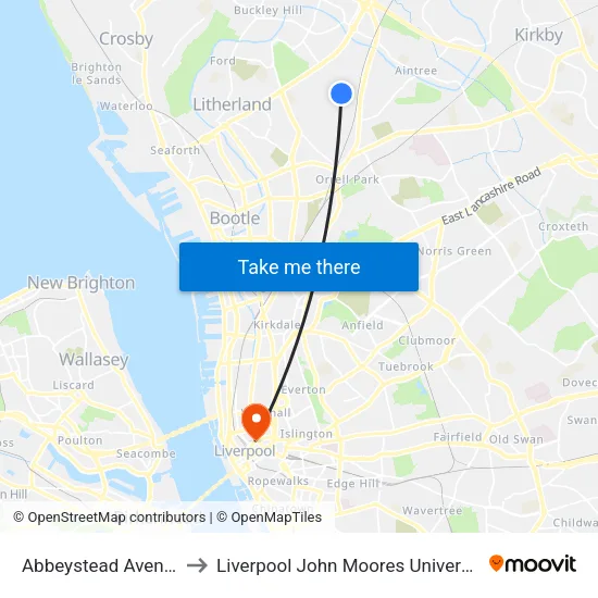 Abbeystead Avenue to Liverpool John Moores University map