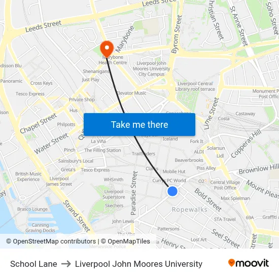 School Lane to Liverpool John Moores University map