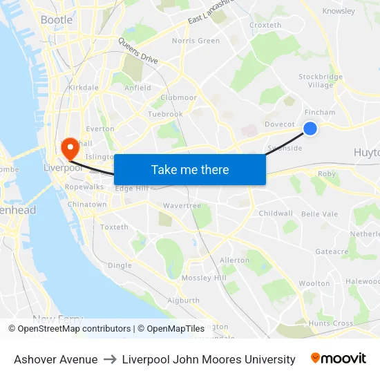 Ashover Avenue to Liverpool John Moores University map